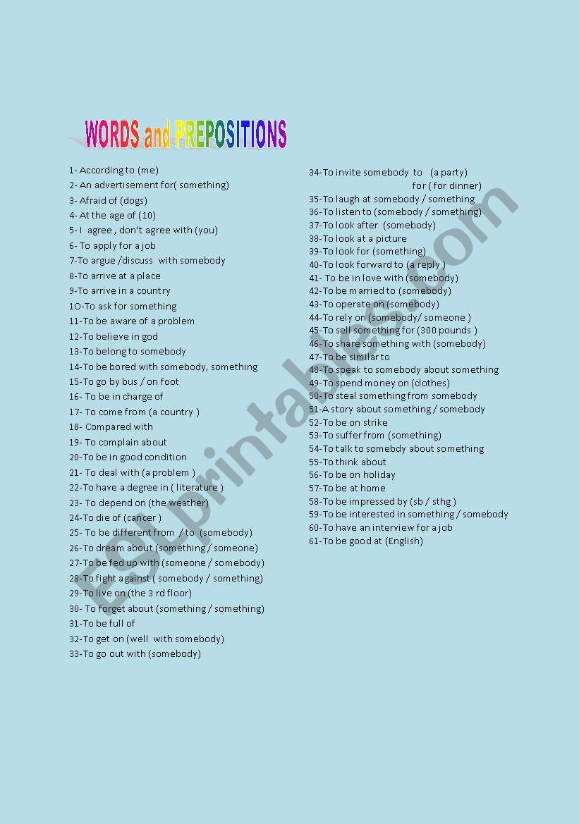 words and prepositions worksheet