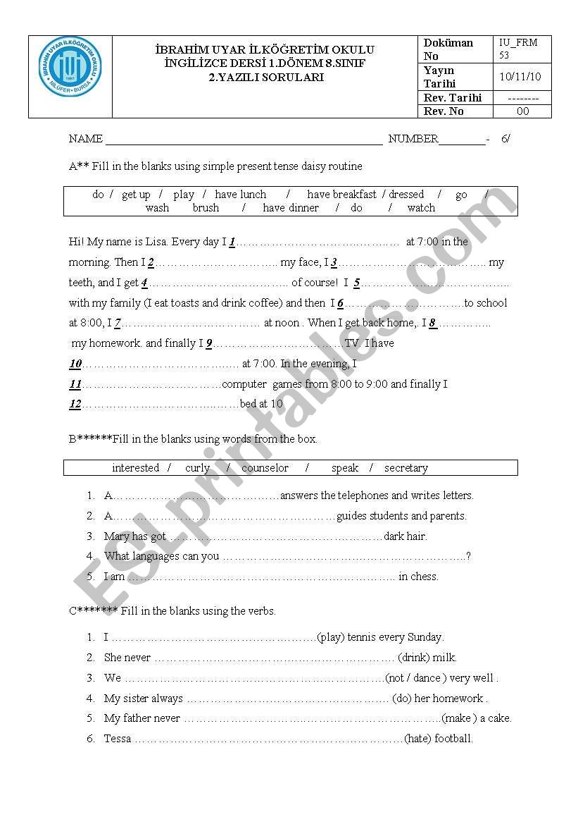 6th year 2nd exam 1st page worksheet