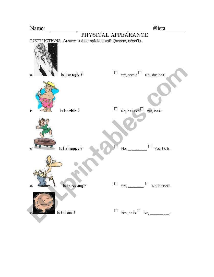 physical appearance worksheet