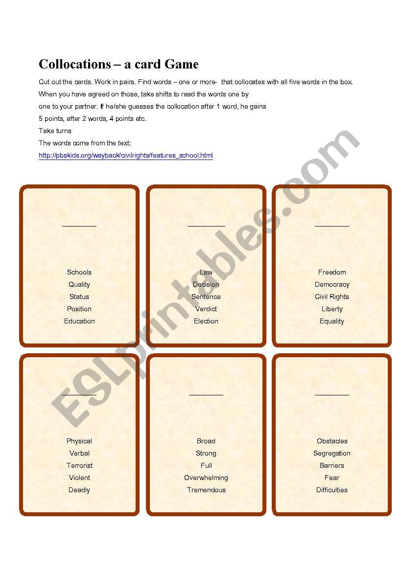 Collocations - a card game worksheet