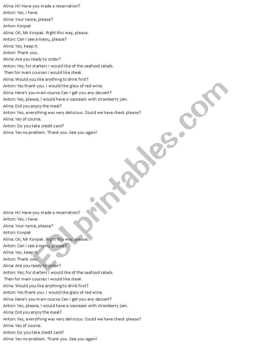 Restourant worksheet