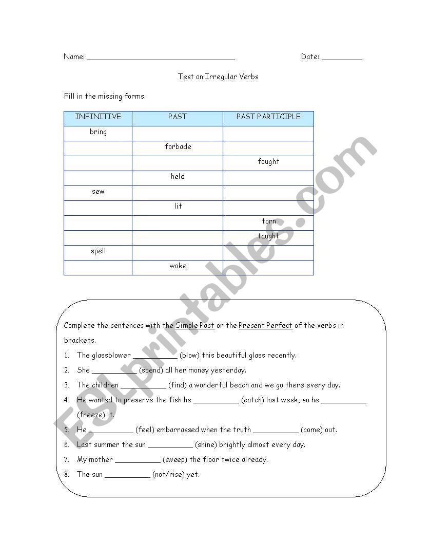 Irregular Verbs Test worksheet