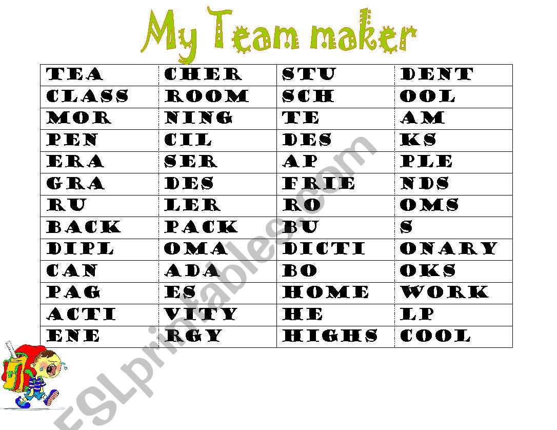 Team Maker worksheet
