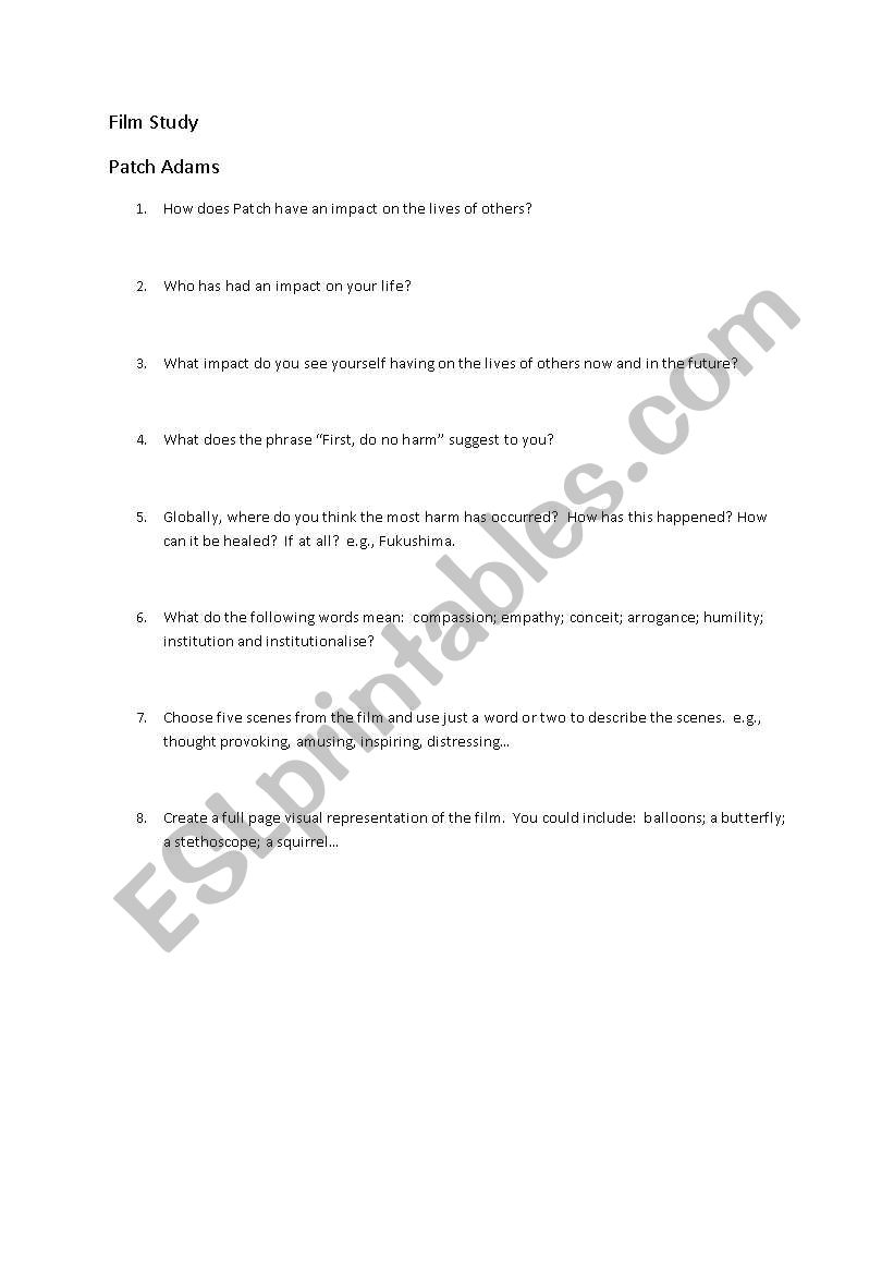 Film Study - Patch Adams worksheet