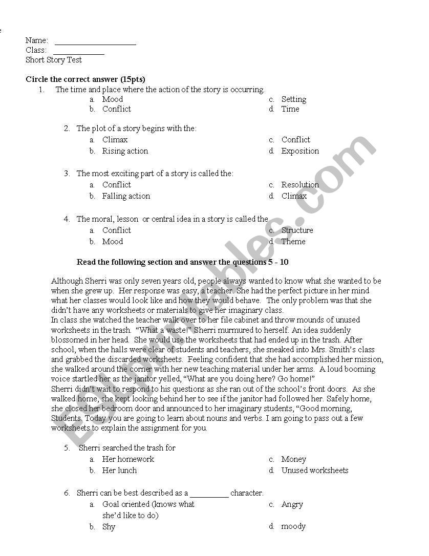 elements of plot test  worksheet