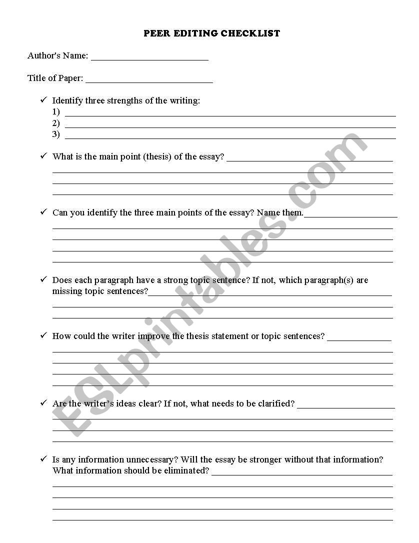 Peer Editing Worksheet worksheet