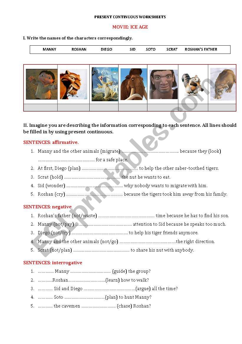 PRESENT CONTINUOUS + MOVIE WORKSHEET ICE AGE 