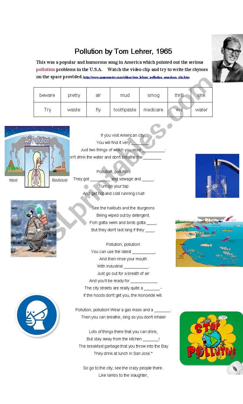 Pollution song and rhymes worksheet