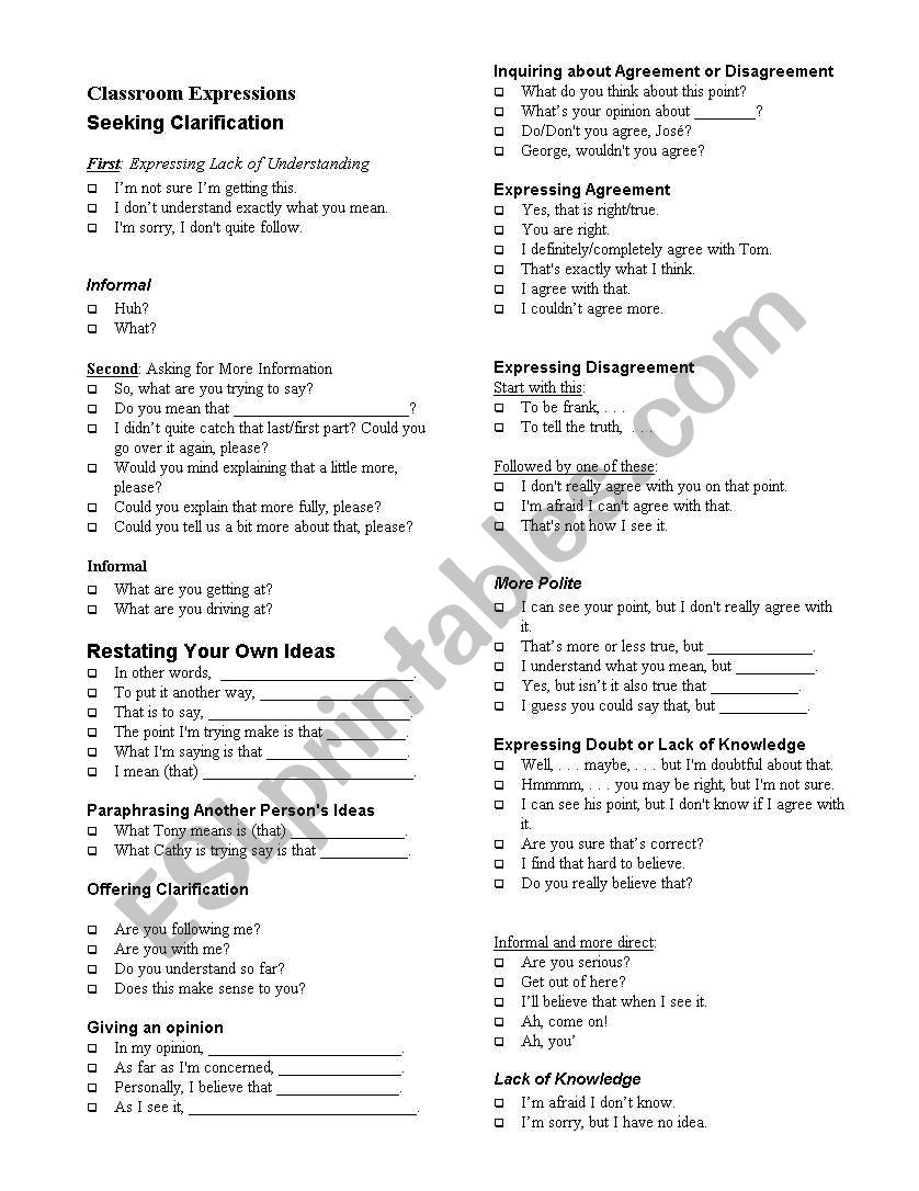Expressions for Meetings worksheet
