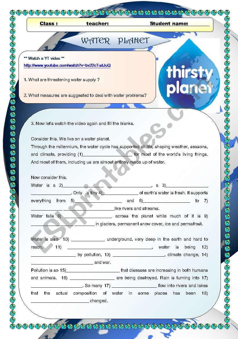 video activity- Water Planet worksheet