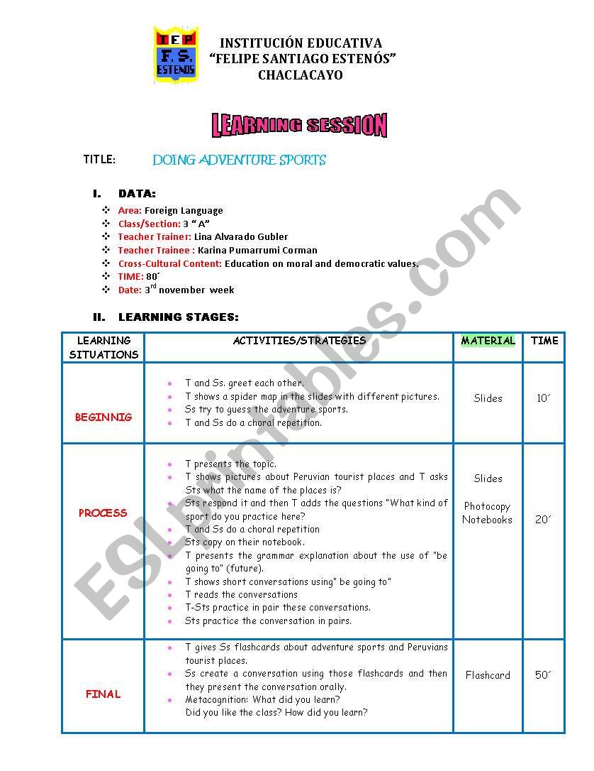LESSON PLAN ADVENTURE SPORTS worksheet