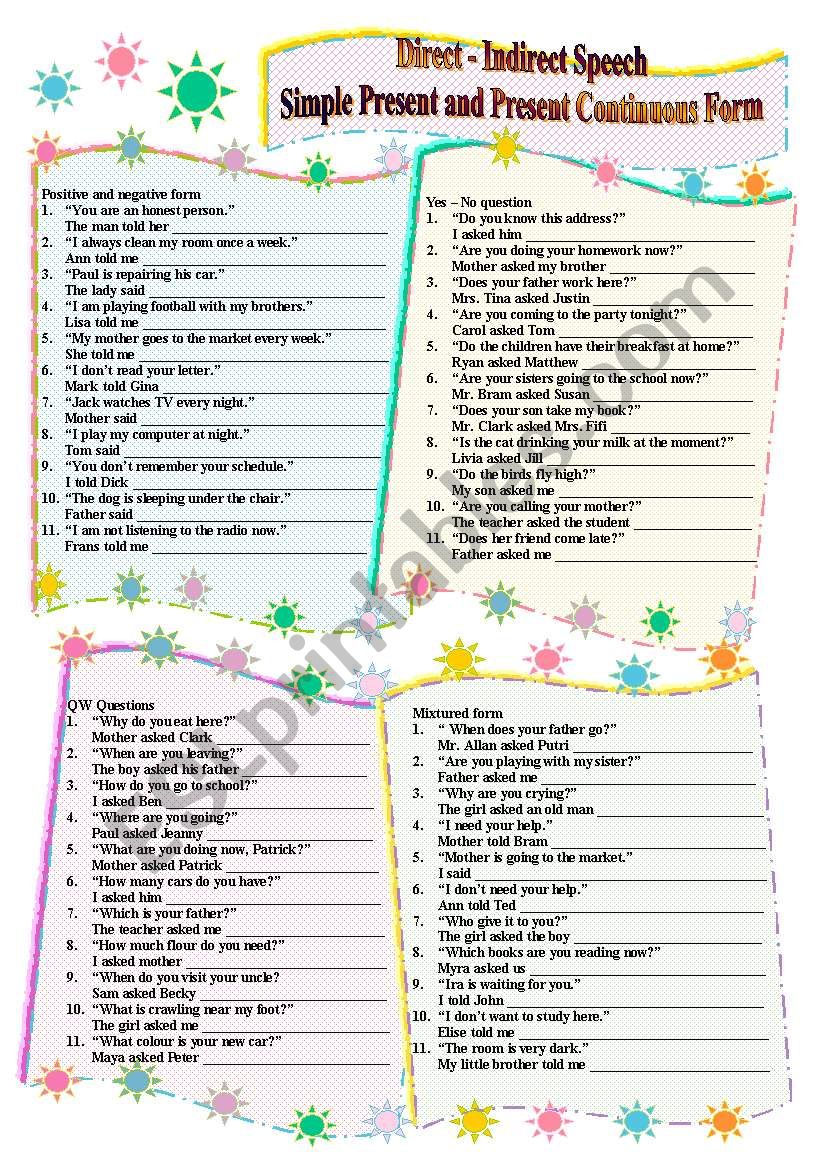 Direct - indirect Speech worksheet