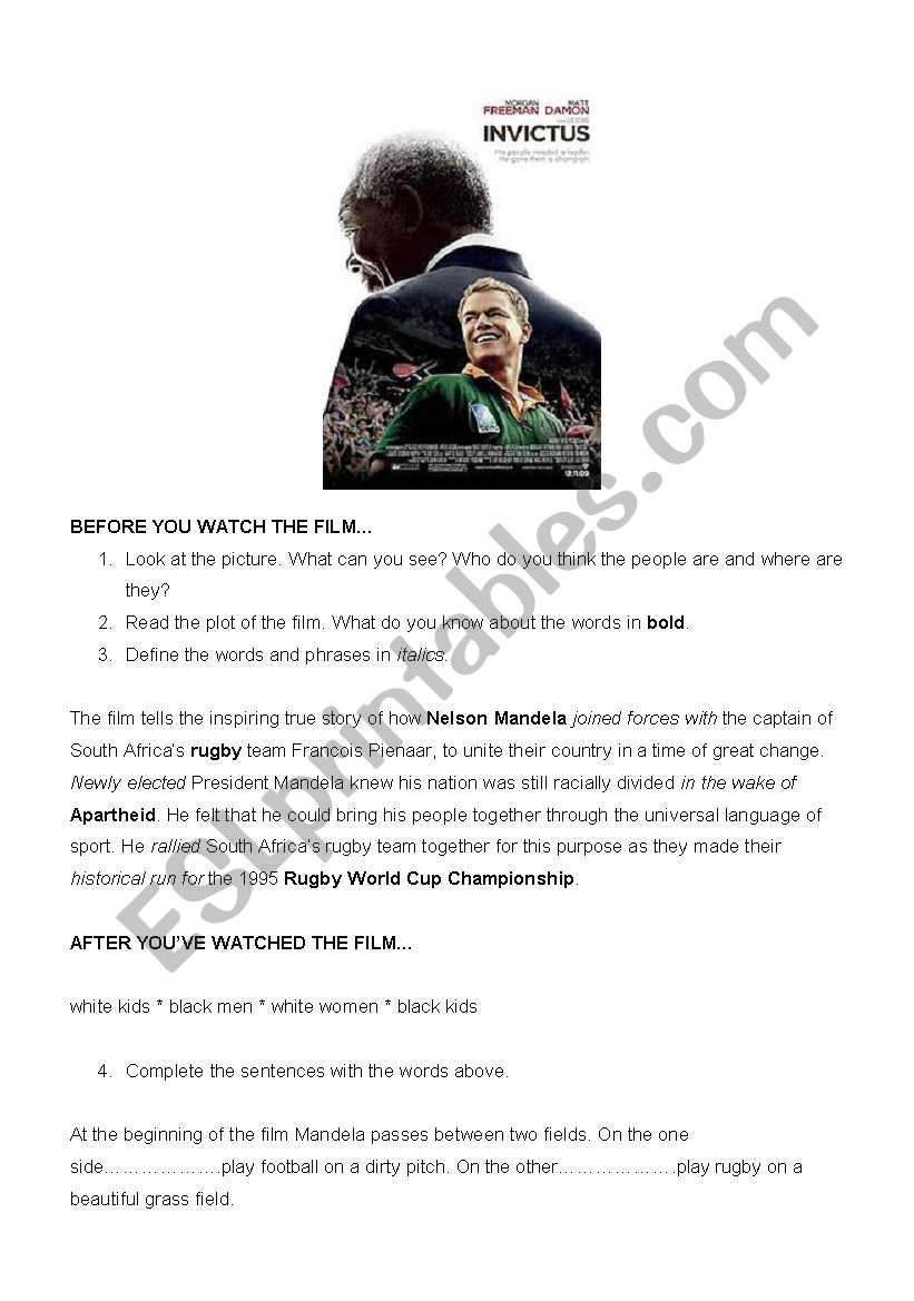 Invictus Movie Worksheet worksheet