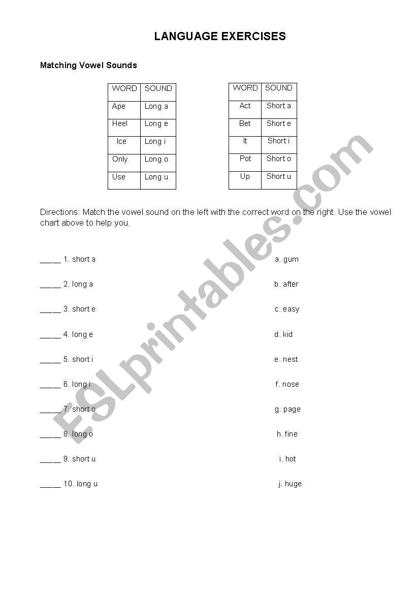Matching Vowel Sounds worksheet