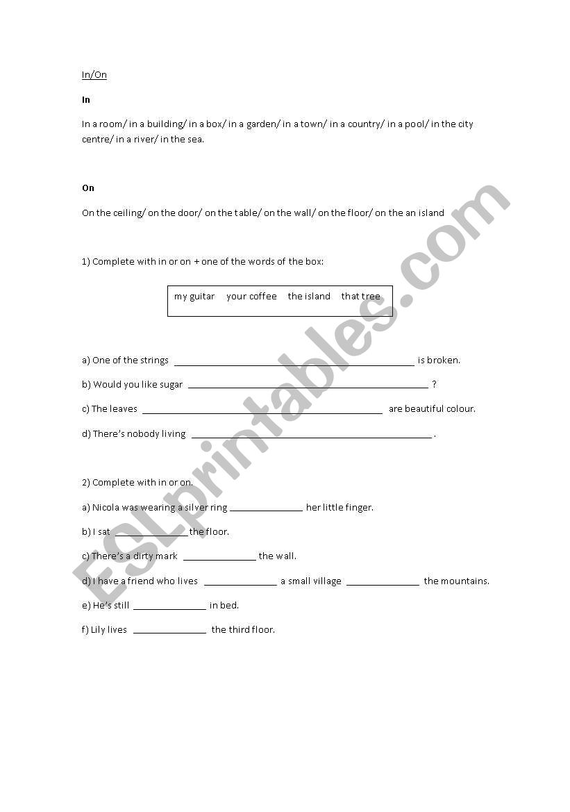 In/On worksheet