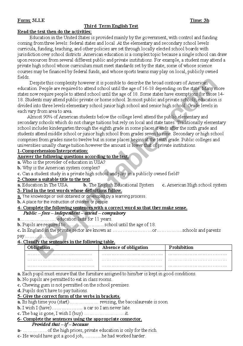 education in the USA exam worksheet