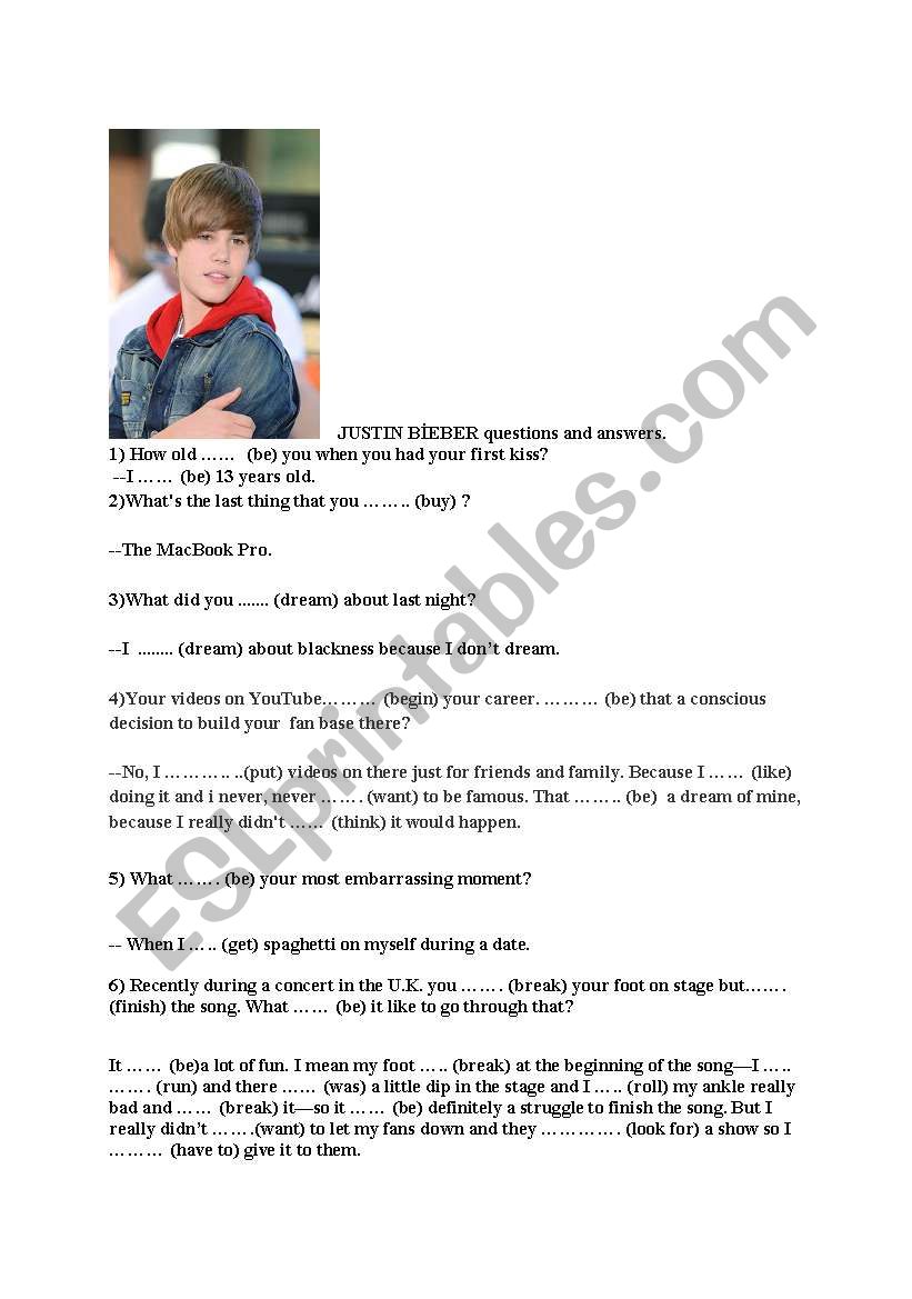 Justin Bieber past tense worksheet
