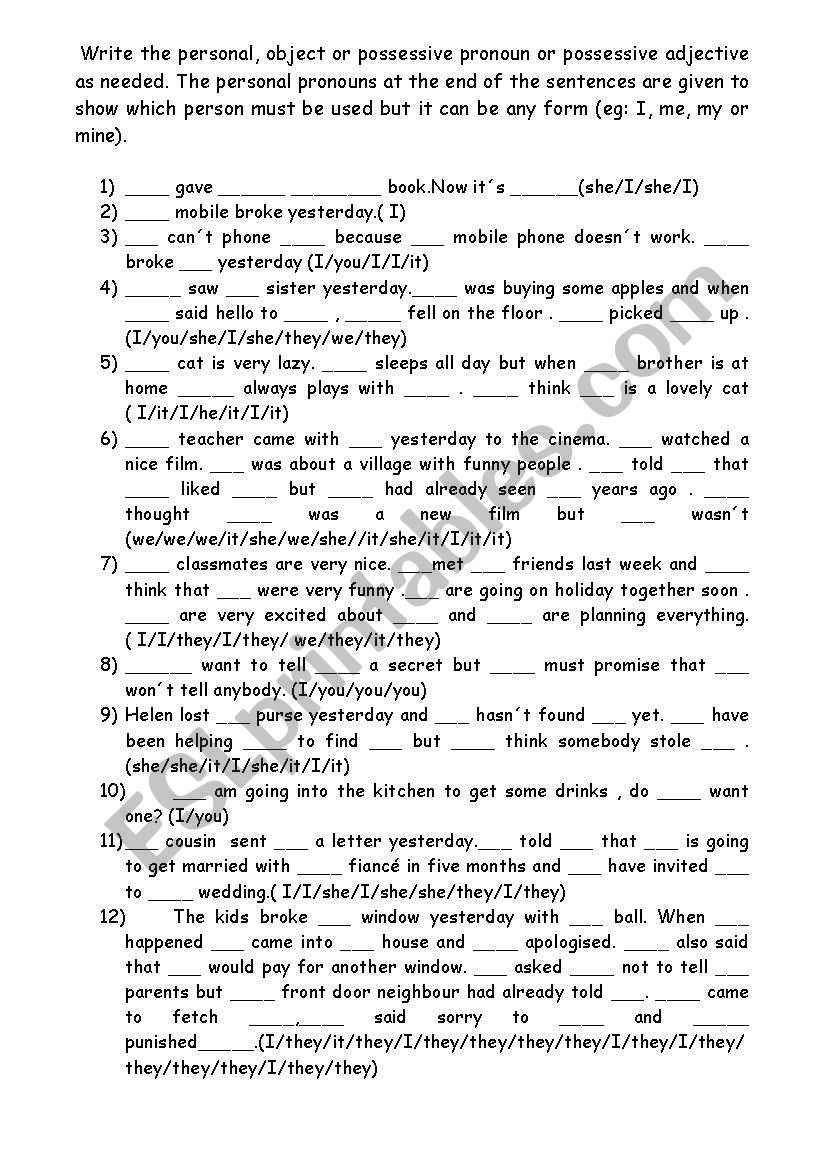 PERSONAL, OBJECT AND POSSESSIVE PRONOUNS AND POSSESSIVE ADJECTIVES