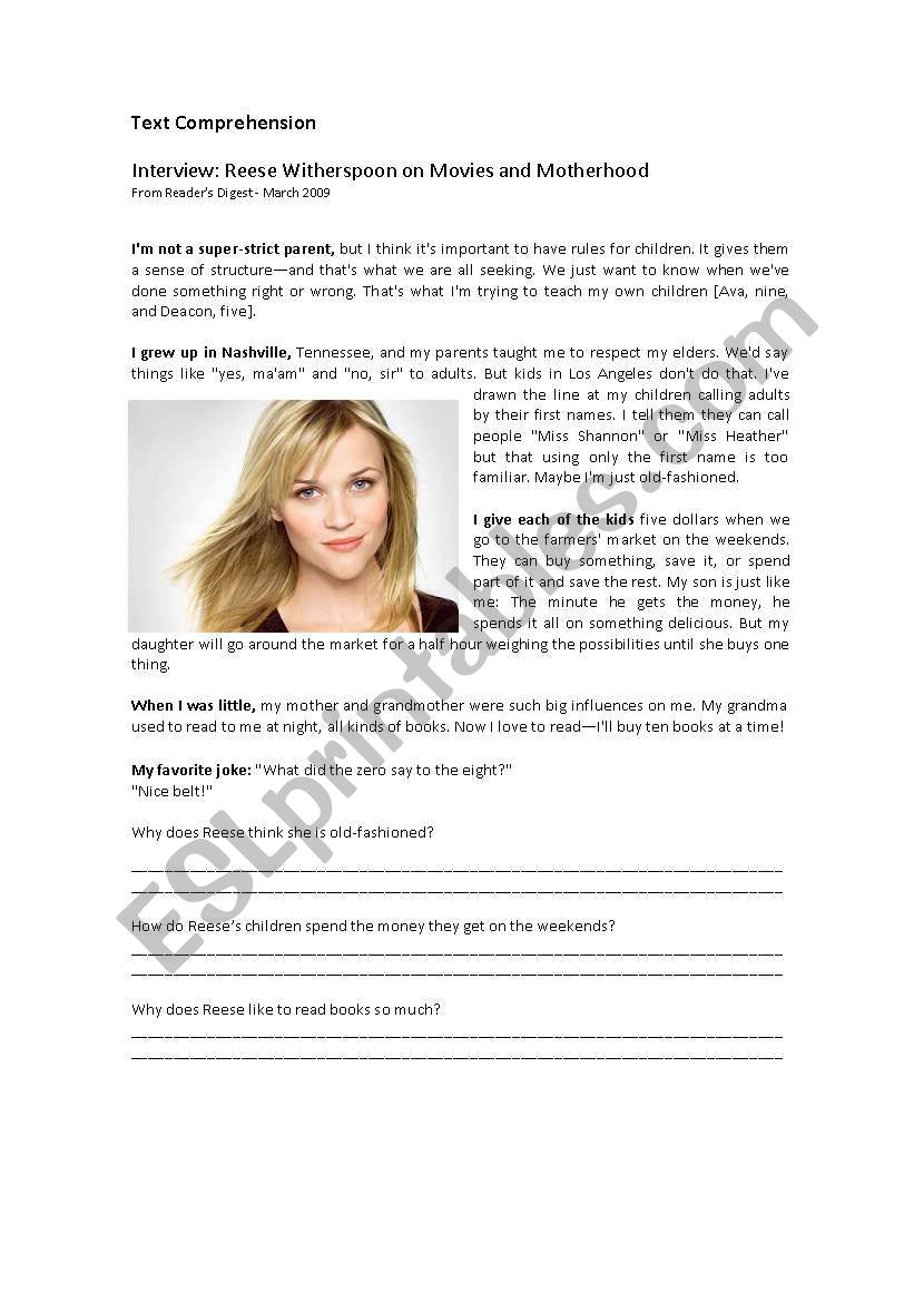 Text Comprehension  worksheet
