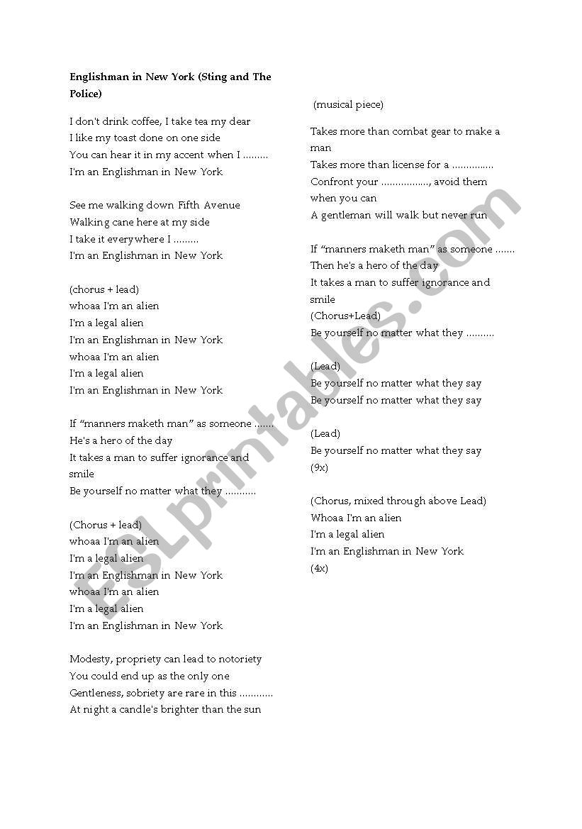 Englishman in New York worksheet