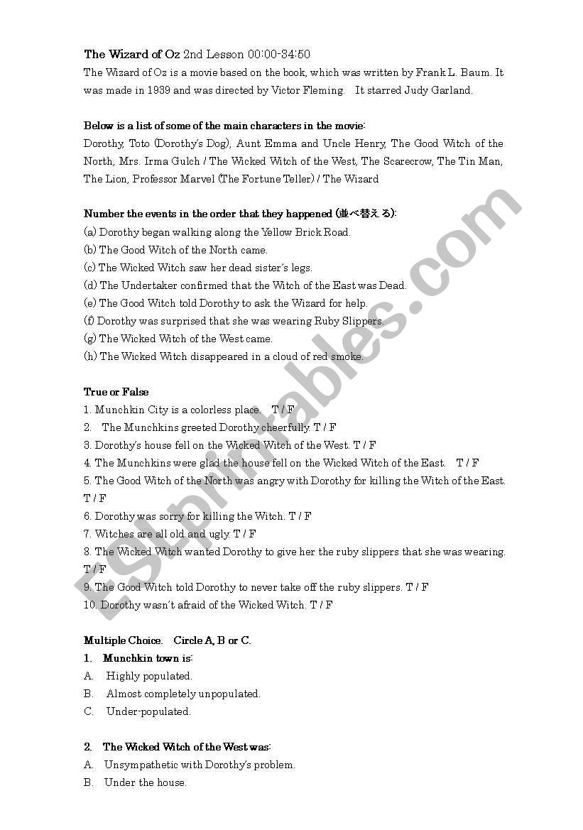 Wizard of Oz Part 1/4 worksheet