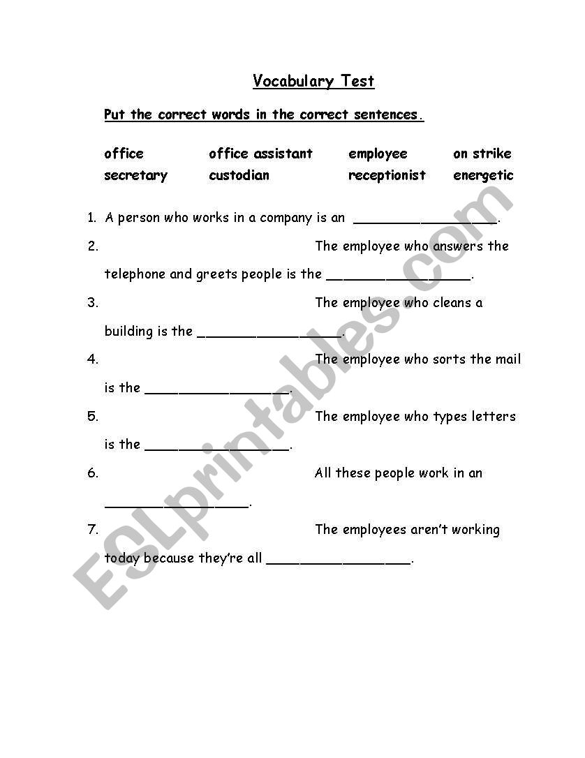 Vocabulary Test worksheet