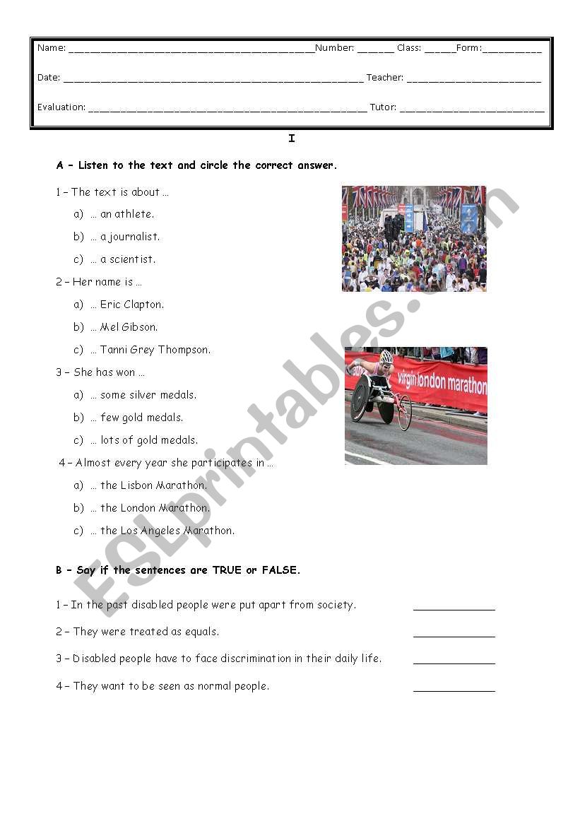 Test 9th on disabilities worksheet