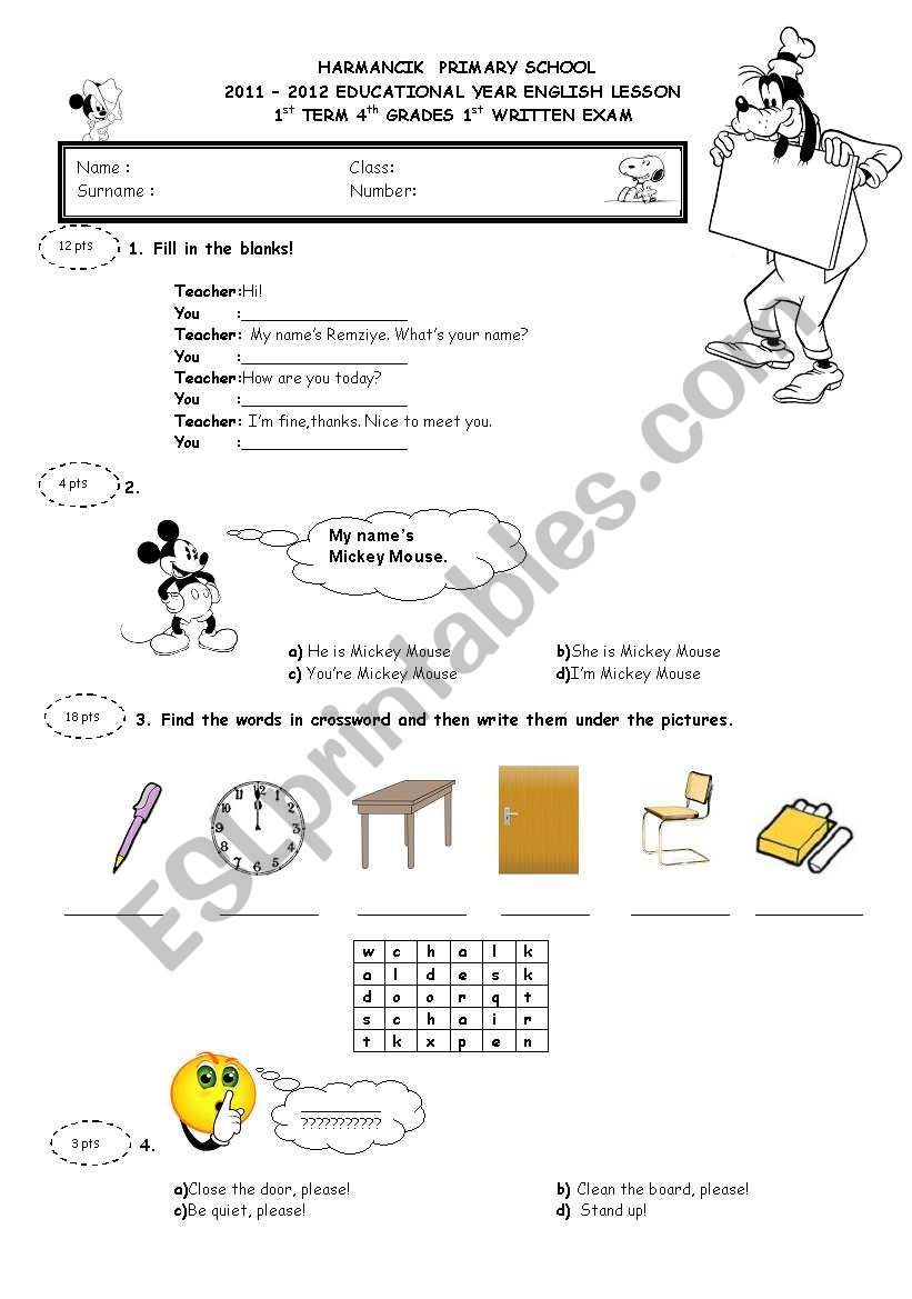 4th grade exam worksheet