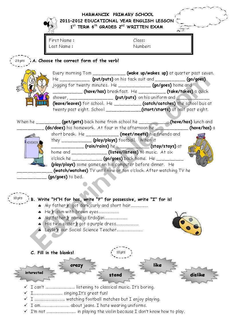 exam for 6th grades worksheet