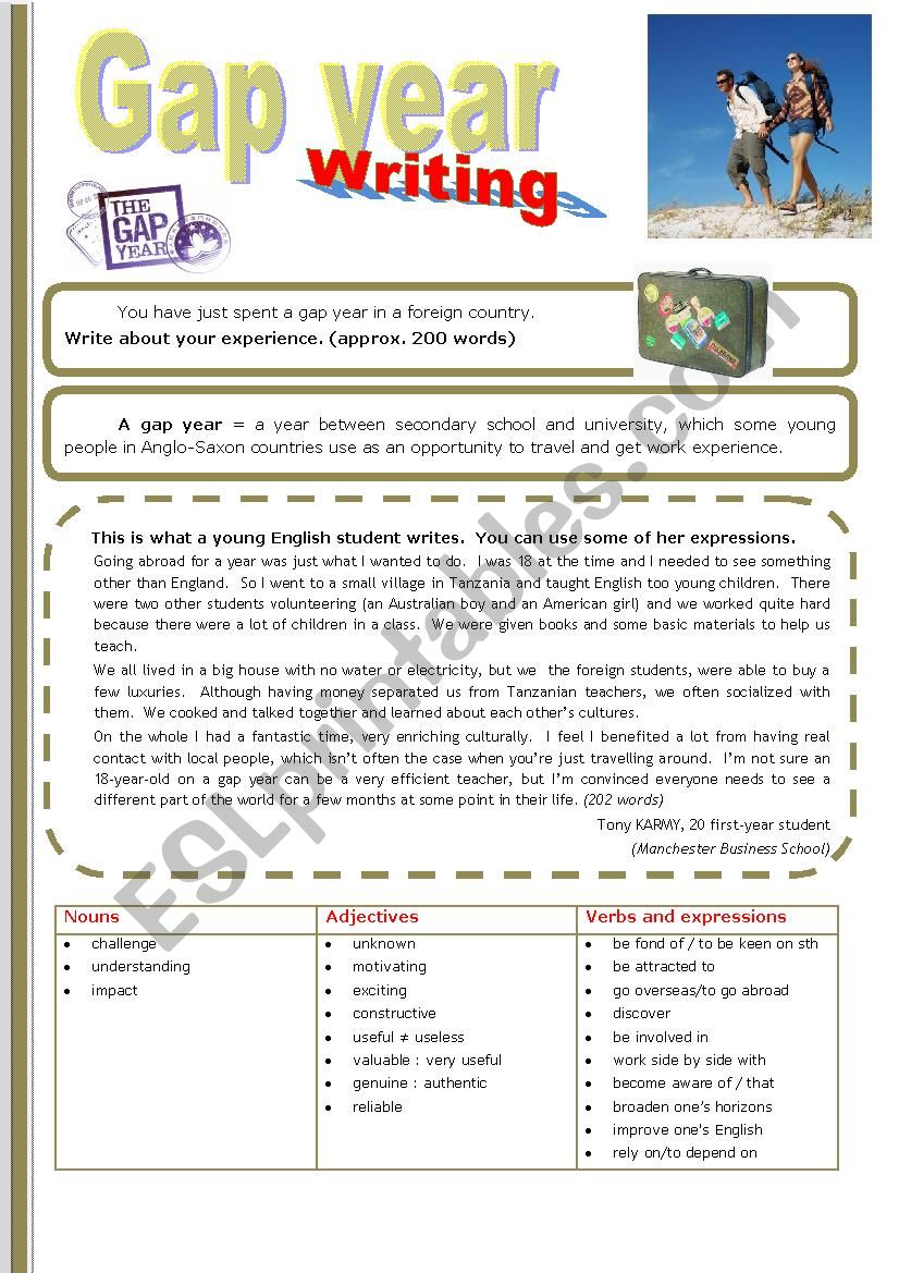 Gap Year WRITING worksheet