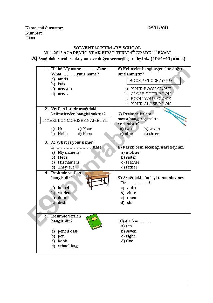 4th grade exam worksheet