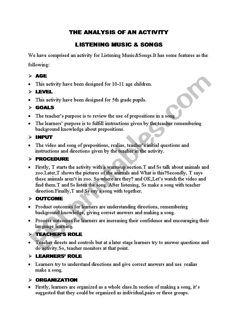 song  worksheet