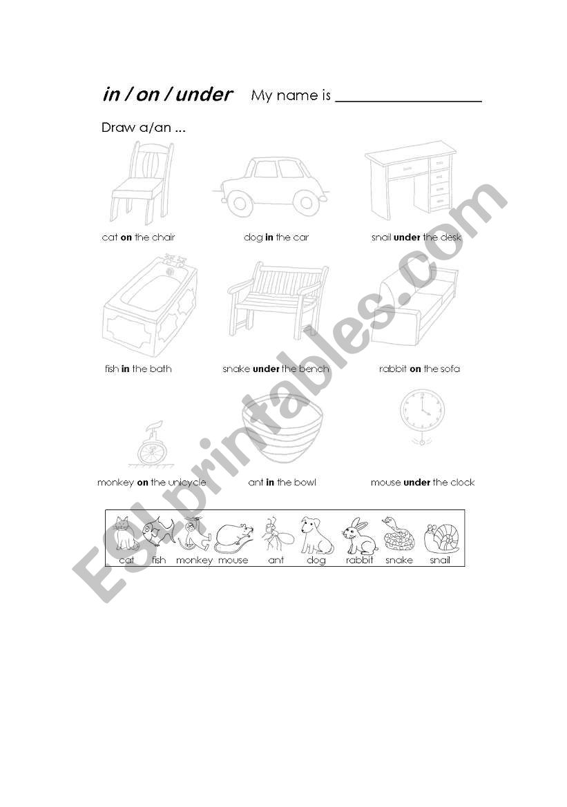 in on under worksheet