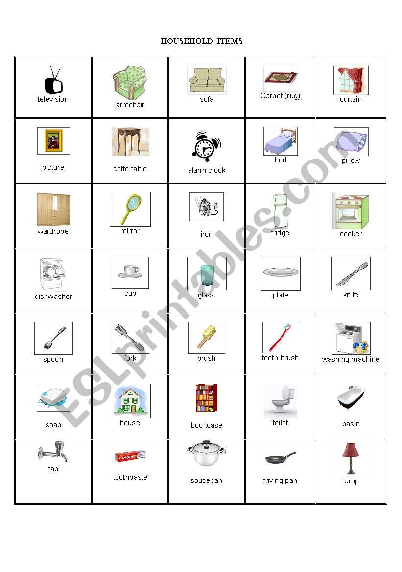 household items  worksheet