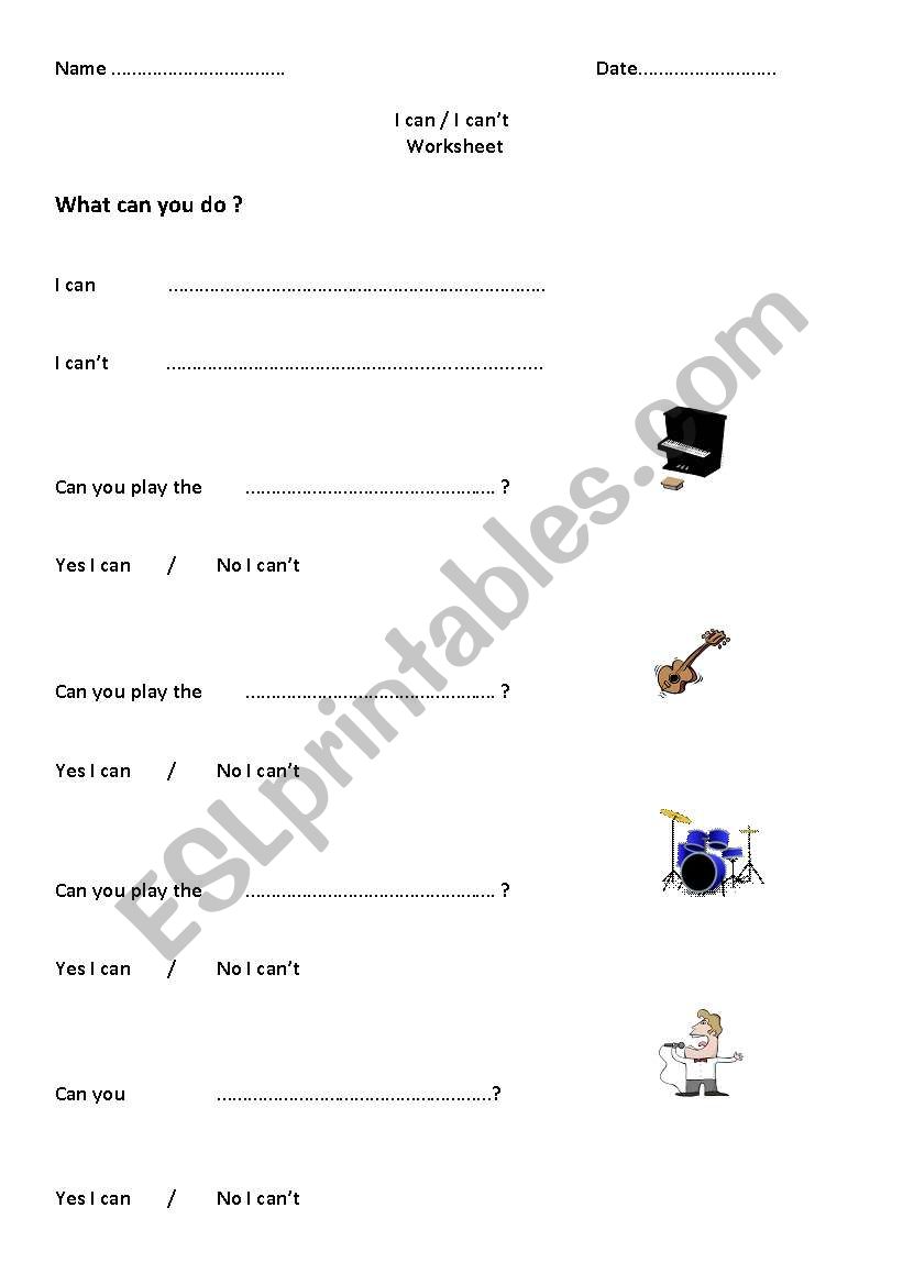 I can - I cant worksheet with musical instruments vocabulary