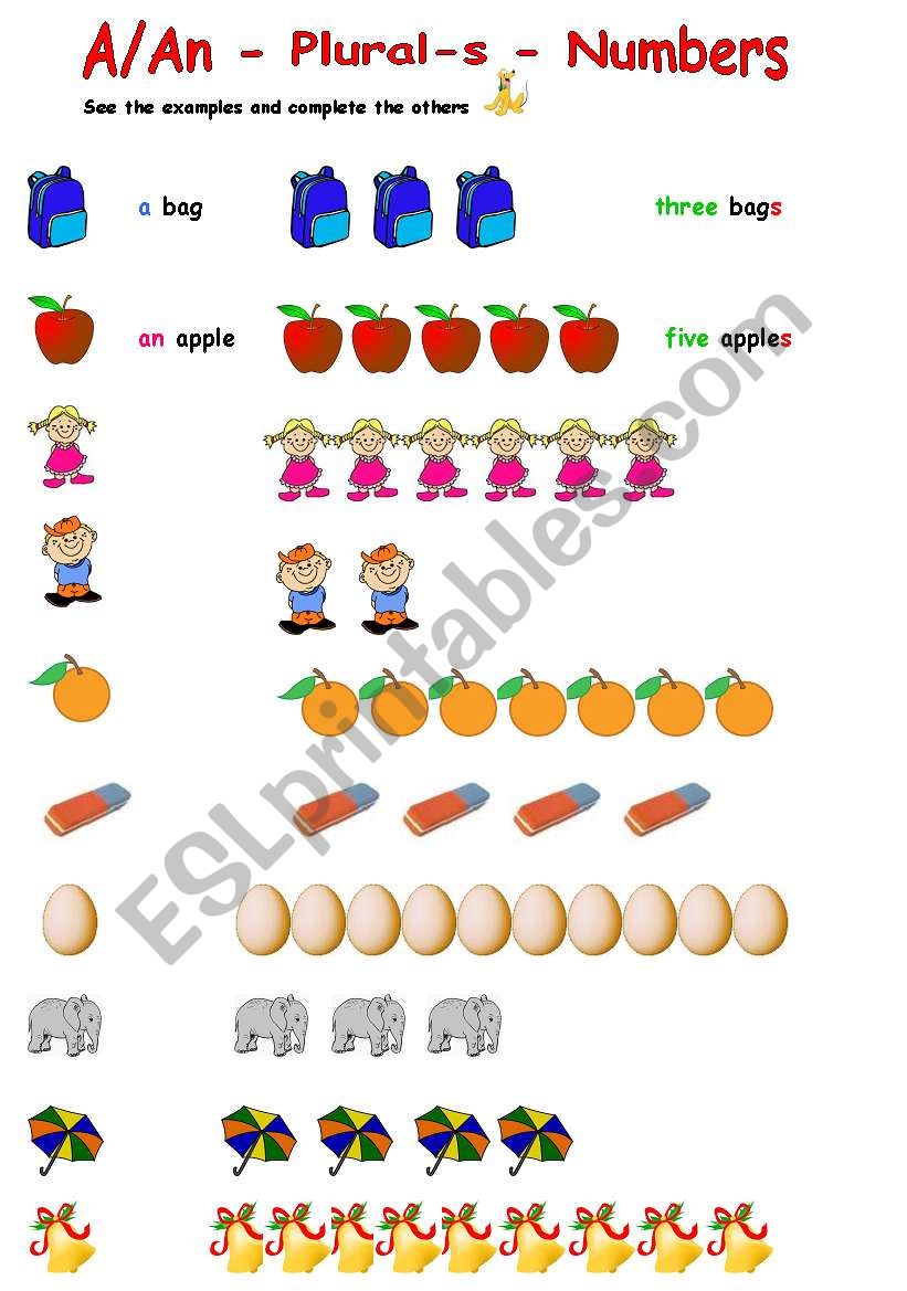 A/An - Plural-s - Numbers worksheet