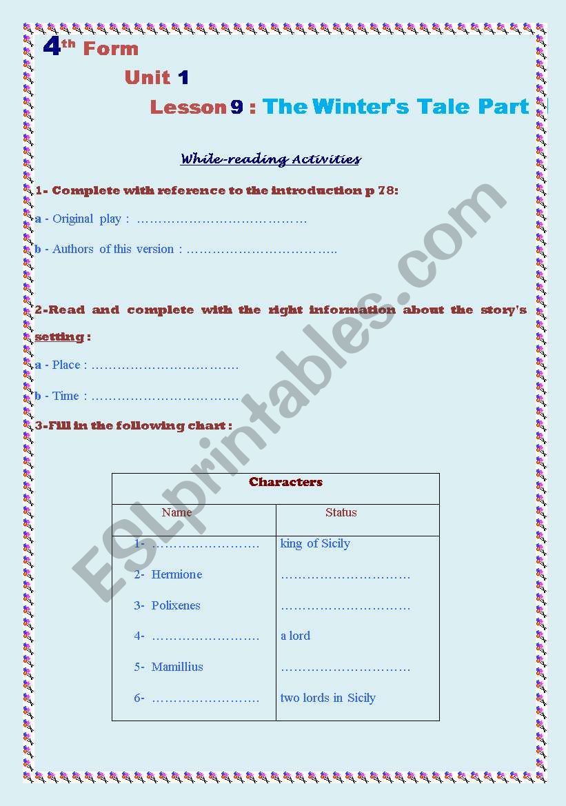 Winters tale part 1 worksheet