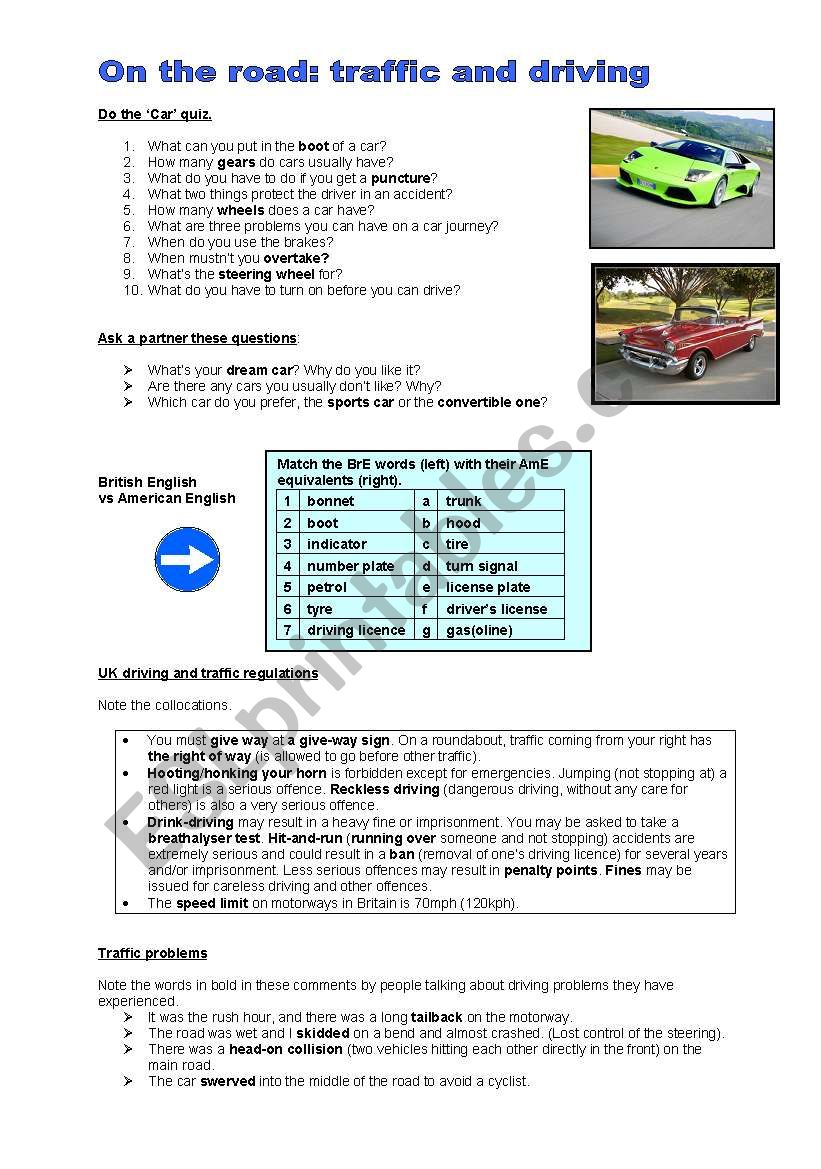 Cars and driving worksheet