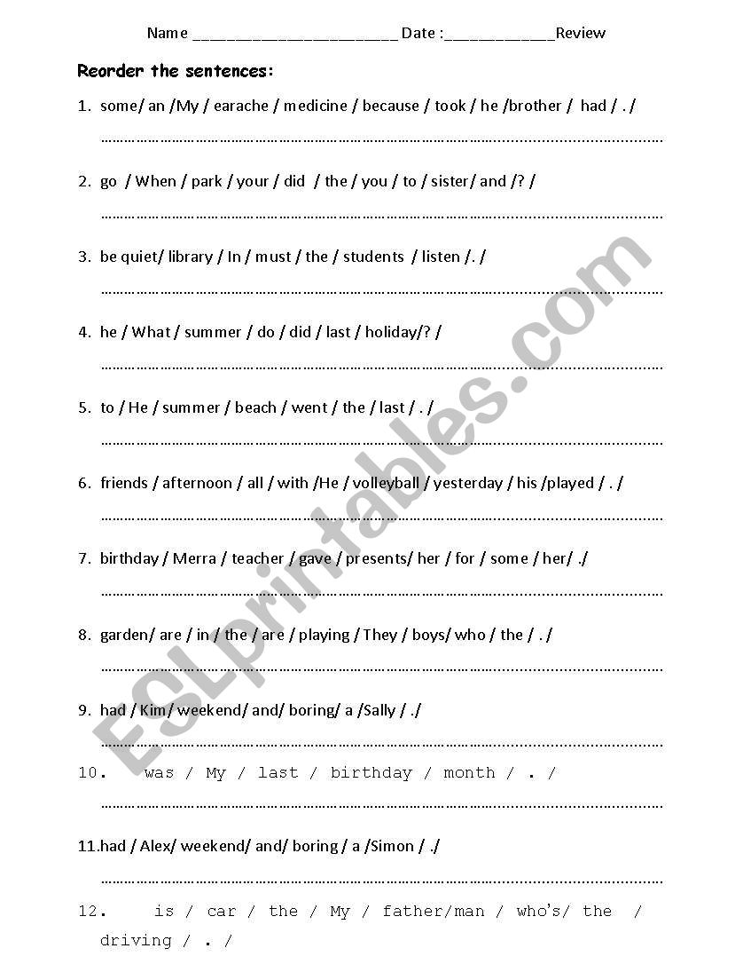 reorder the sentences worksheet