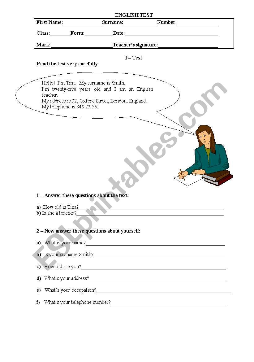 English test about personal information