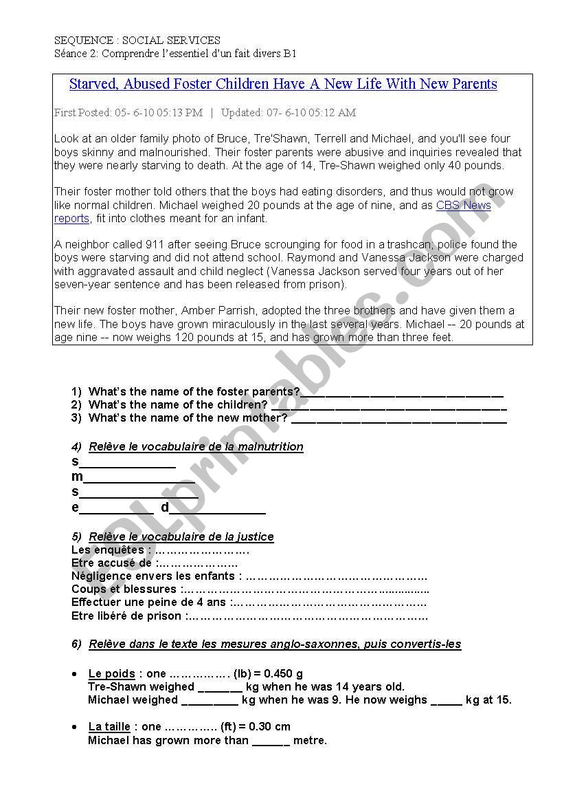 CHILD ABUSE/FOSTER FAMILIES worksheet