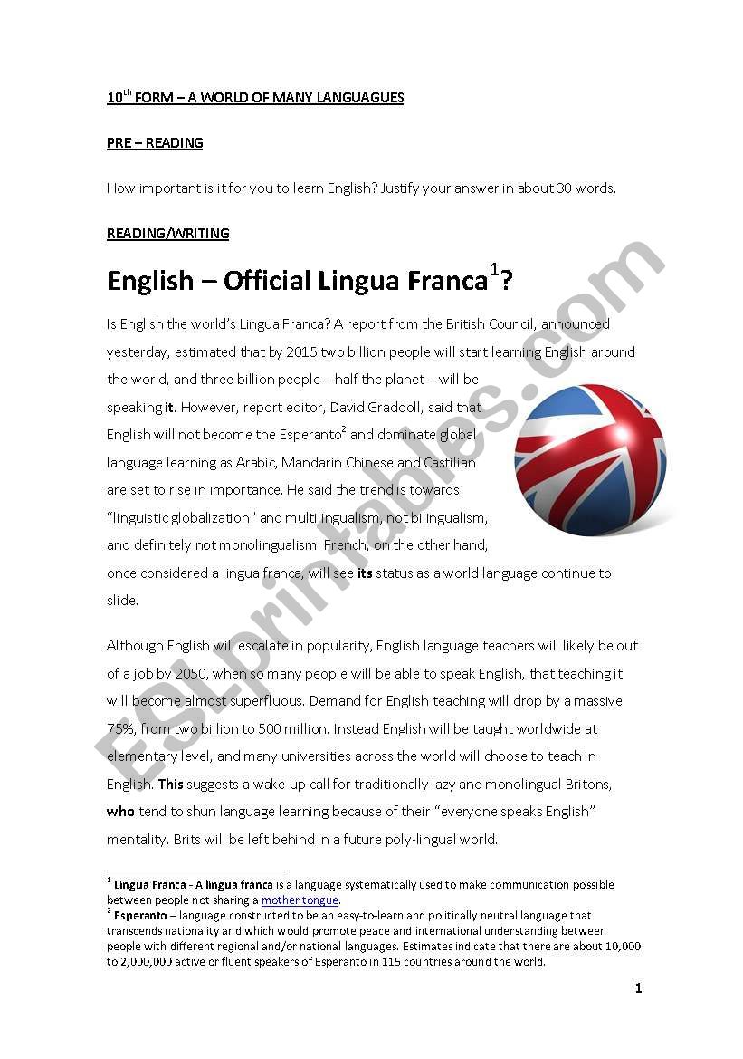 English - Lingua Franca? - ESL worksheet by AzoreanMarilia