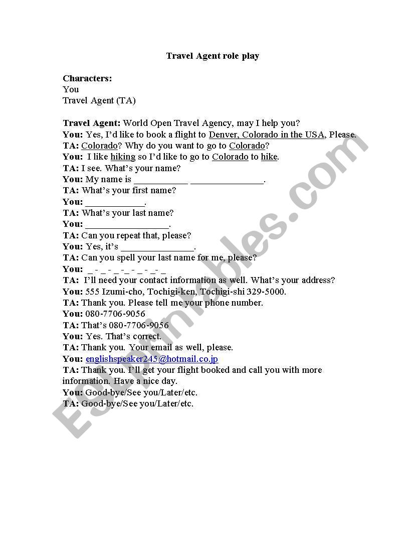 Travel Agent roleplay worksheet