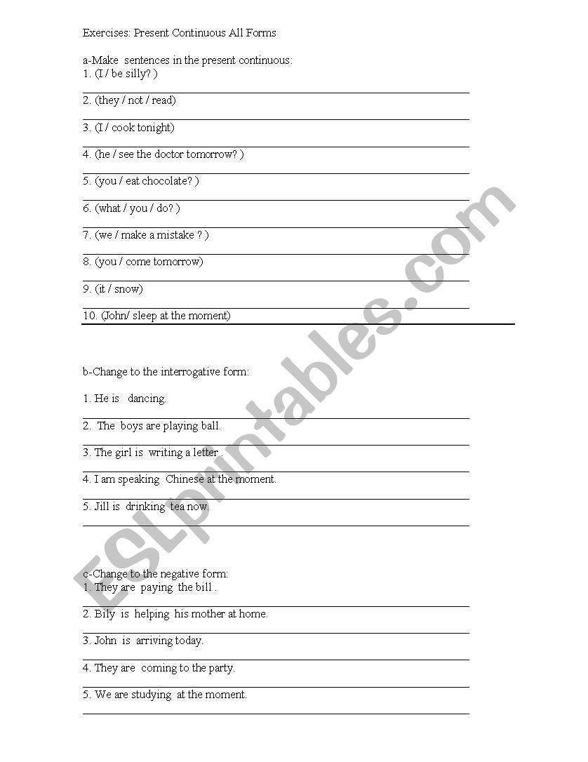 Exercises :Present continuous worksheet