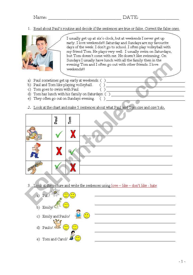 Test for elementary worksheet