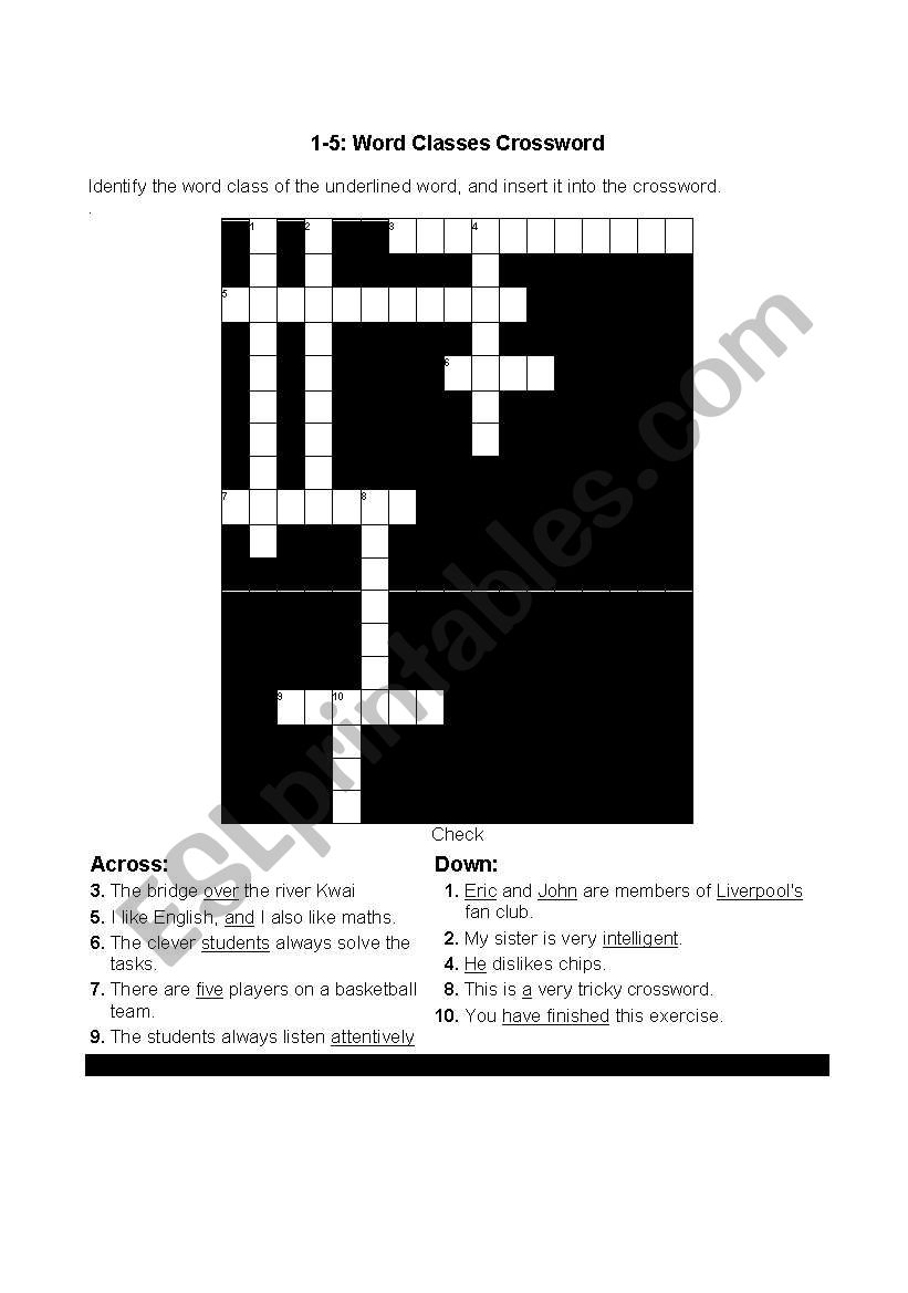 Word Class Crossword worksheet