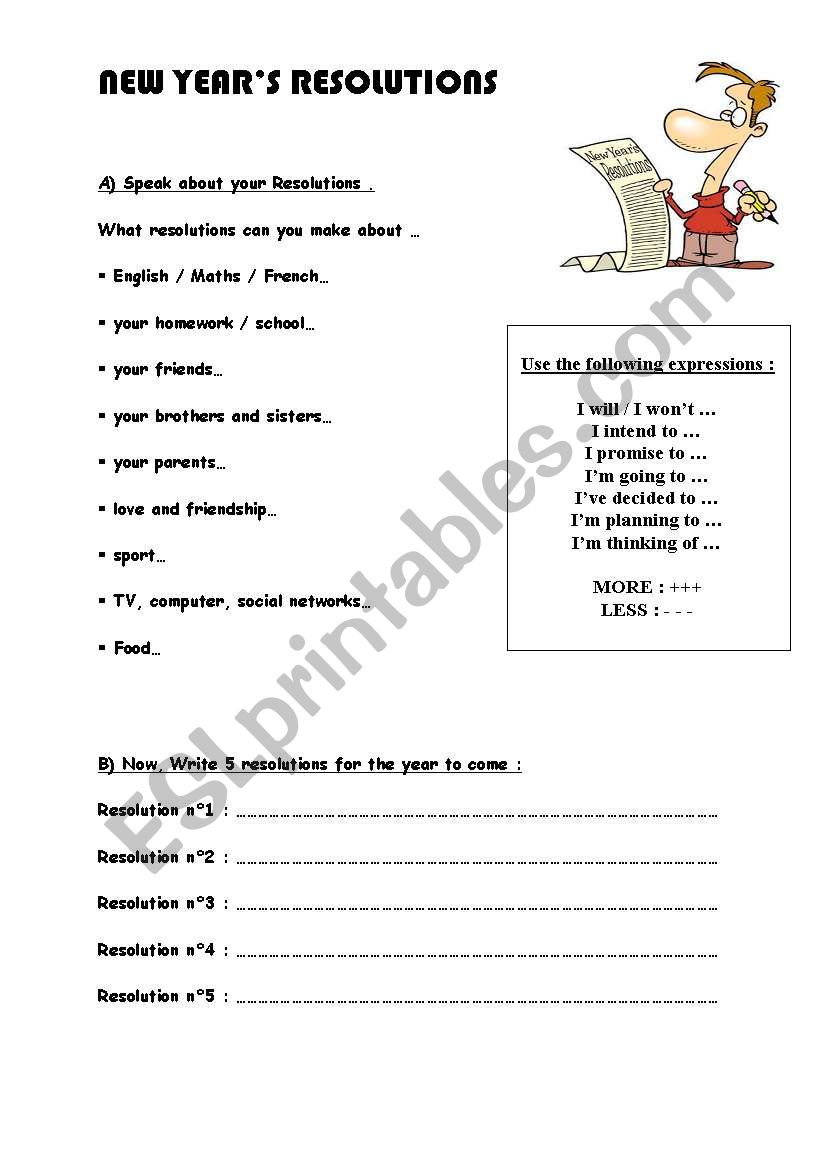 NEW YEARÂ´S RESOLUTIONS worksheet