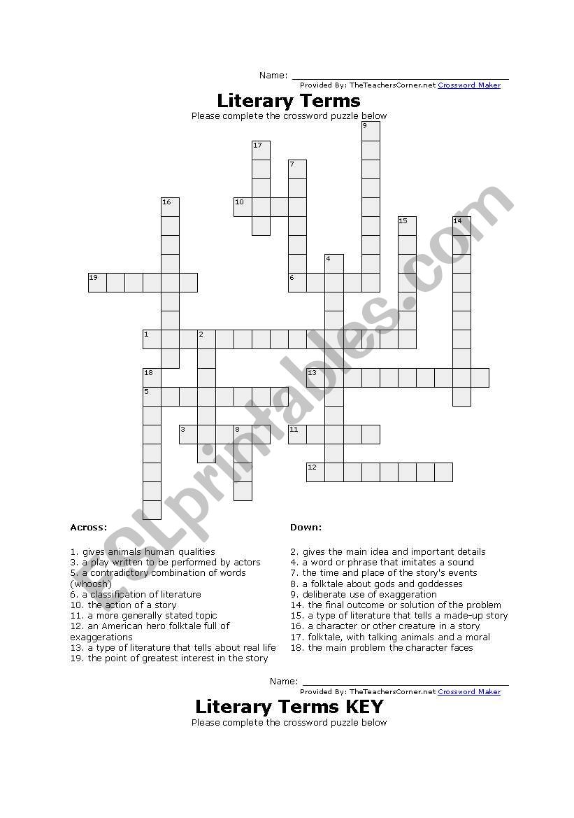 Poetic terms Crossword worksheet