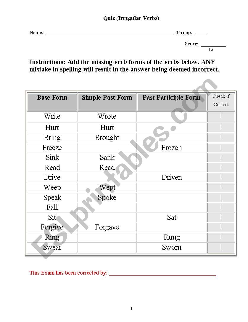 A Quick Irregular Verb Test worksheet