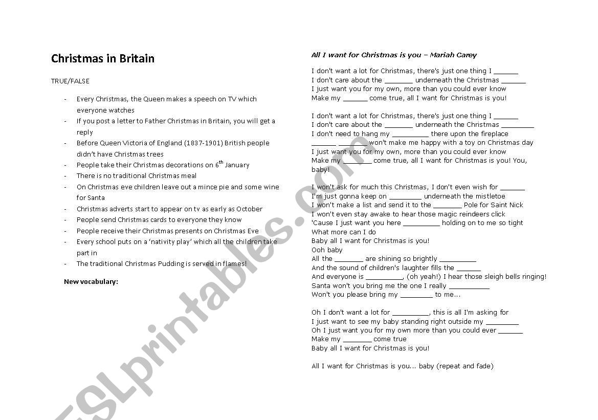 Christmas handout worksheet